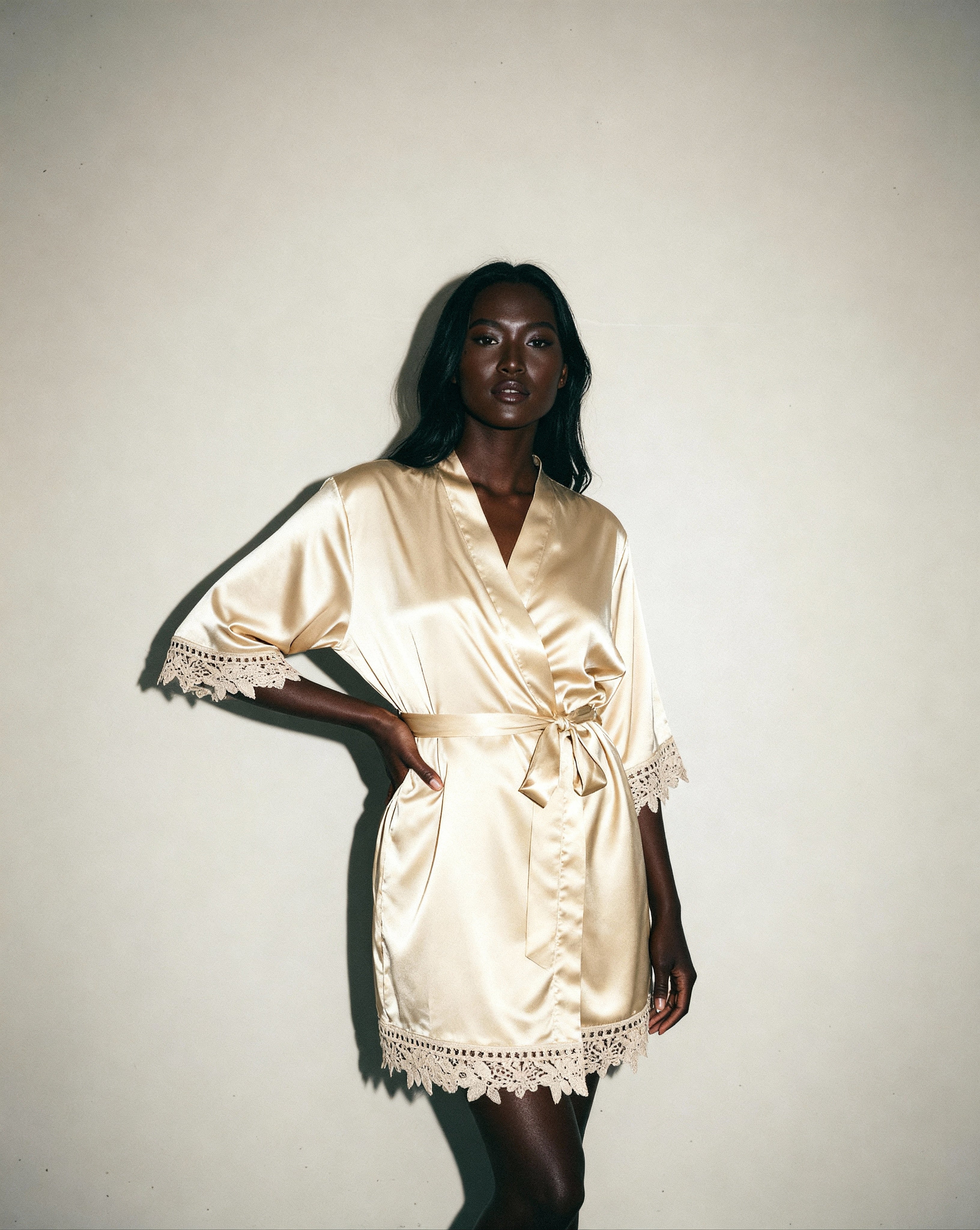 Lace Trim Robe Champagne  - BLANK