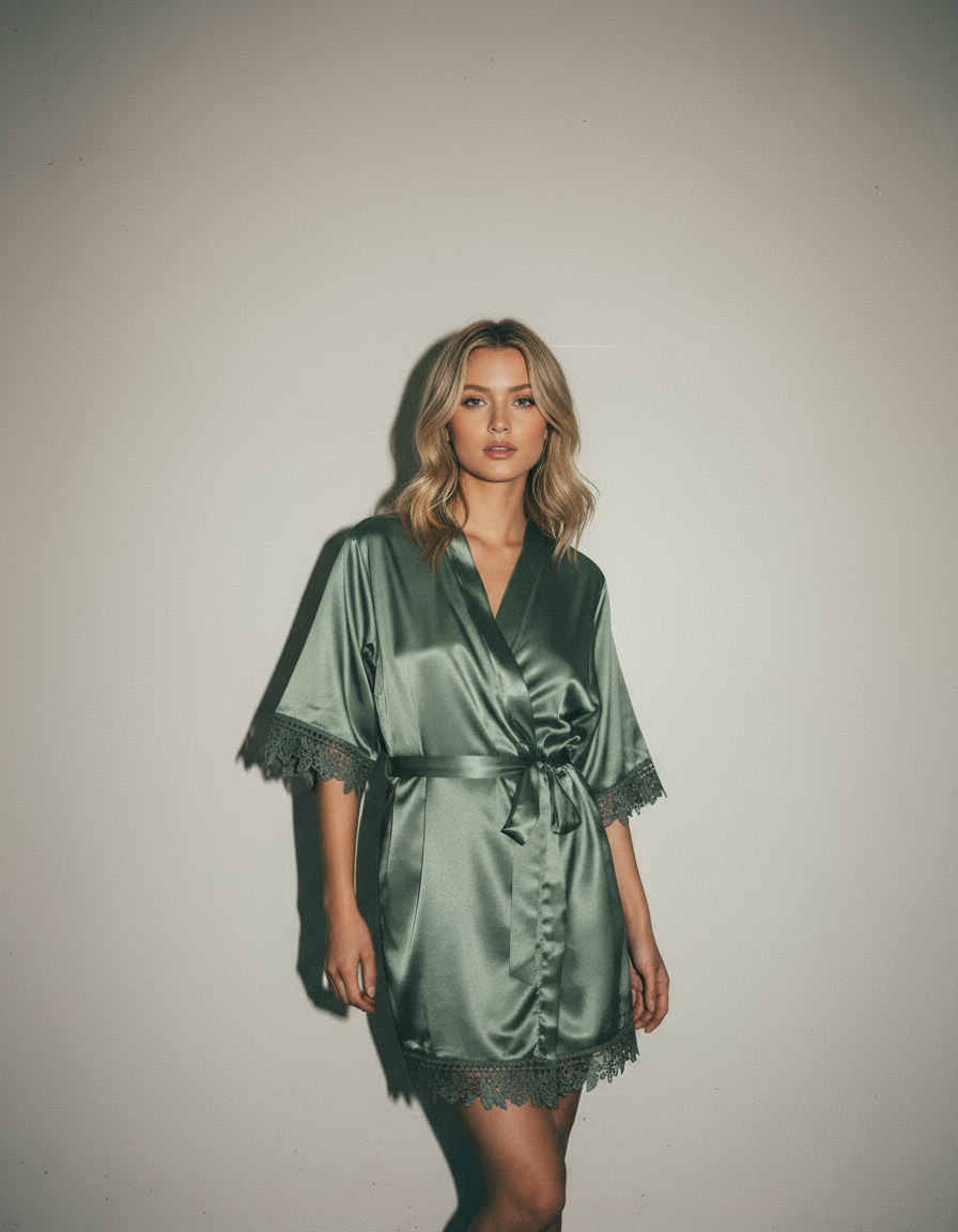 Lace Trim Robe Eucalyptus - BLANK