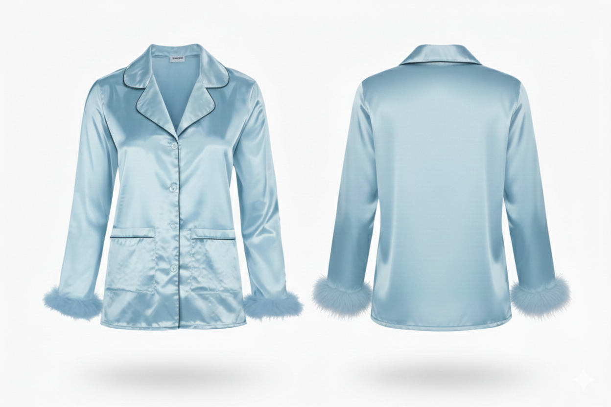 Feather Trim Satin Set Baby Blue - BLANK