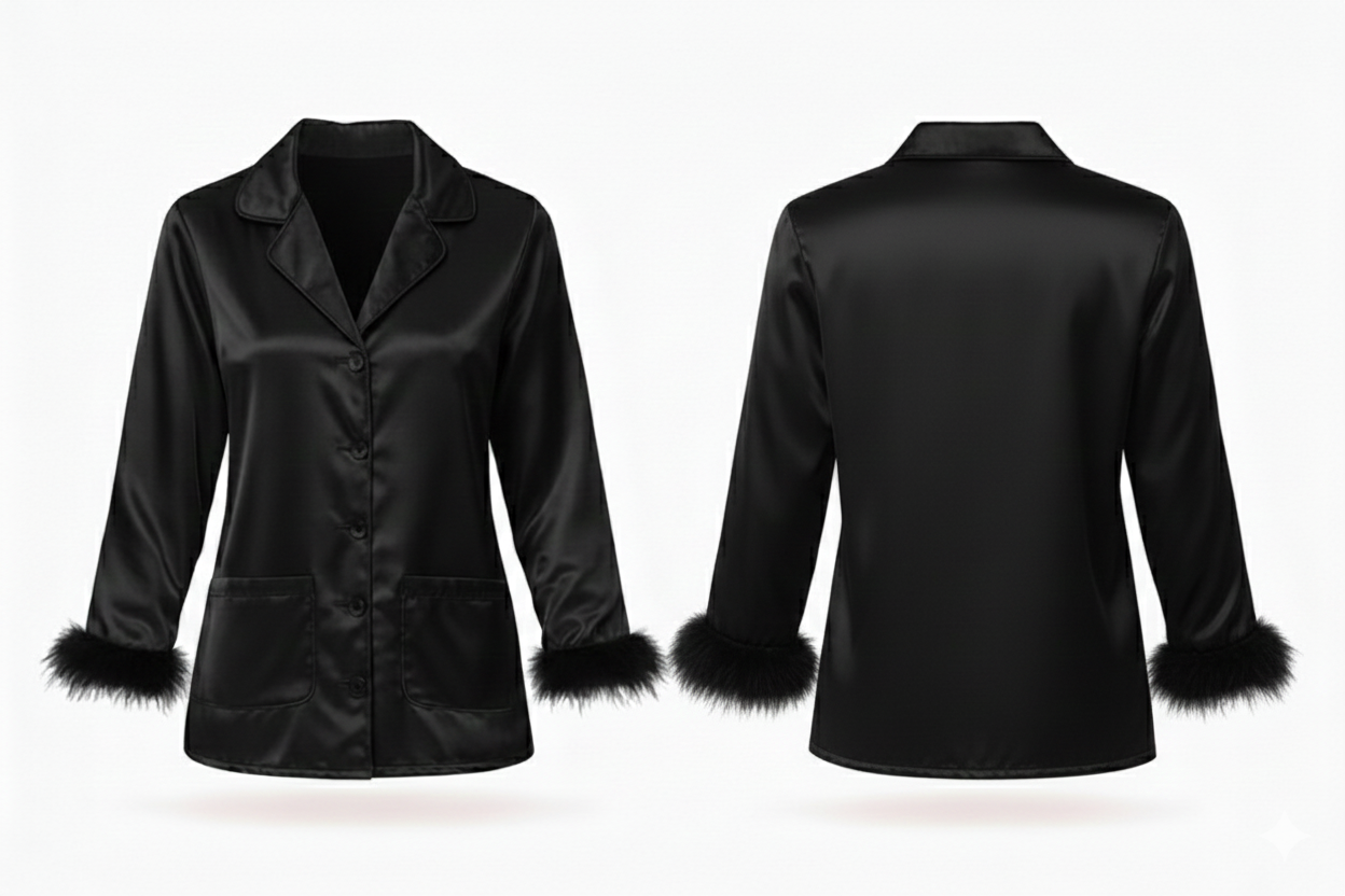 Feather Trim Satin Set Black - BLANK