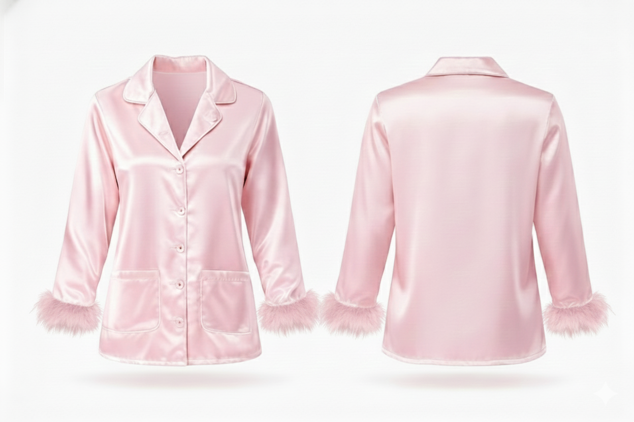 Feather Trim Satin Set Pink - BLANK