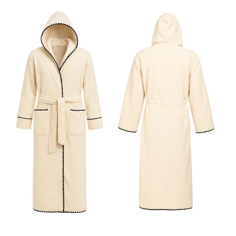 Hooded White Bath Robe With Trim  -  BLANK